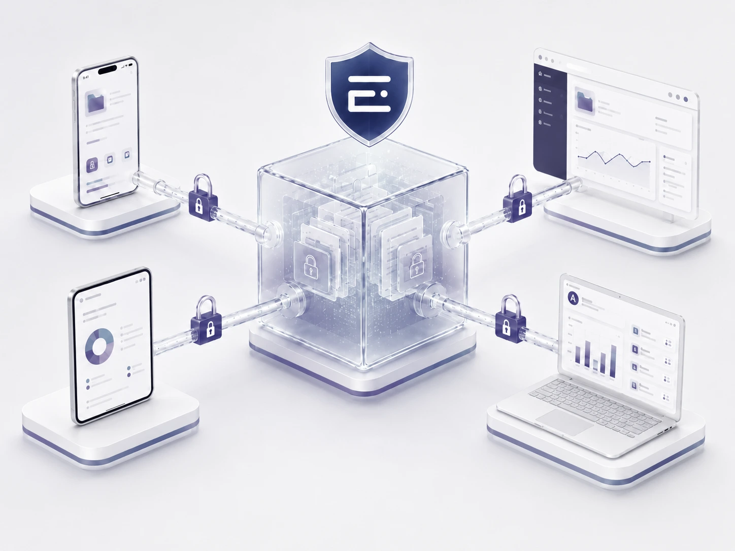 Privacy-first product interfaces across desktop, tablet and mobile