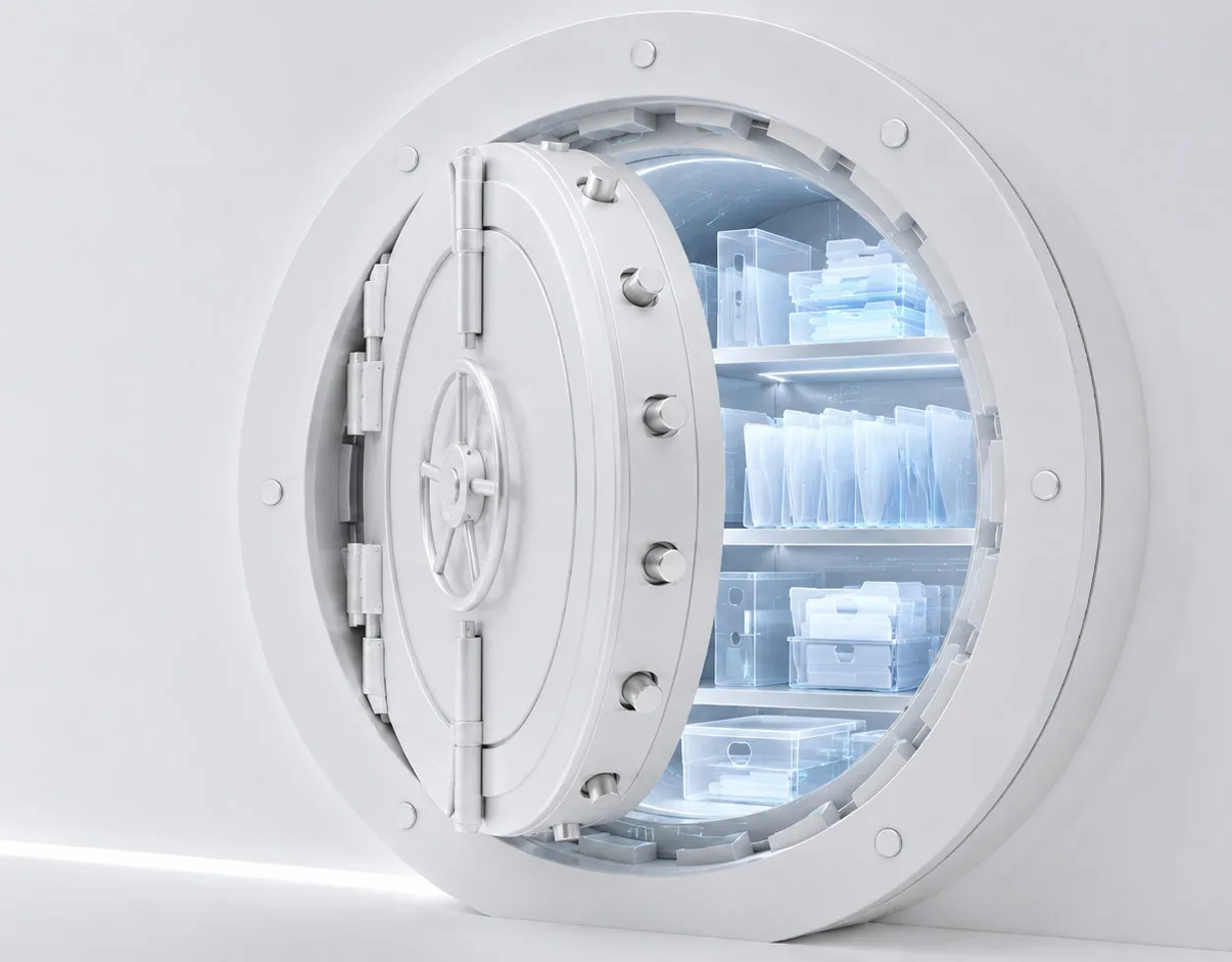 White vault door opening to reveal securely stored digital files